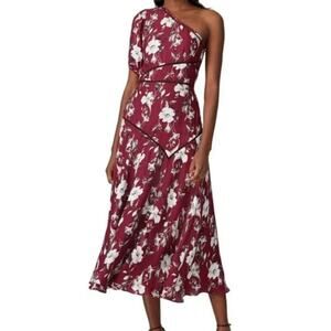 La Maison Talulah Cannes Burgundy Floral Print One Shoulder Midi Dress Size S